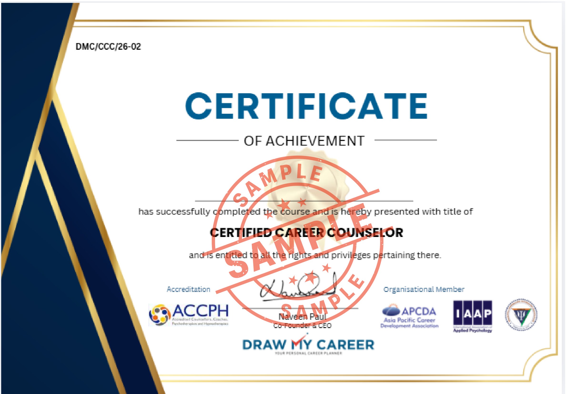 Sample Certified Career Counsellor certificate from Draw My Career